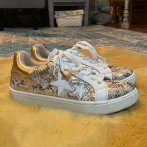 Soda gold and white snake print sneakers